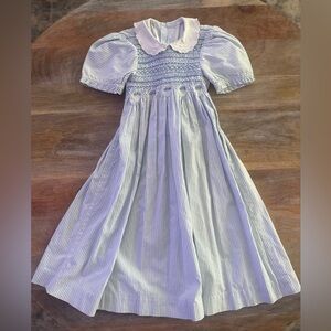 Vintage Blue and White Striped Hand Smocked Dress with Puff Sleeves